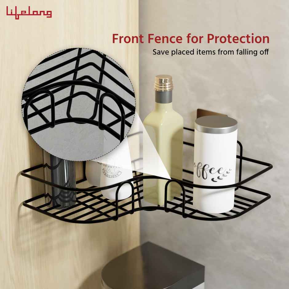 Lifelong Bathroom Corner Shelf For Storage - Mild Steel Wall Mounted Washroom Rack Pack Of 2 Black