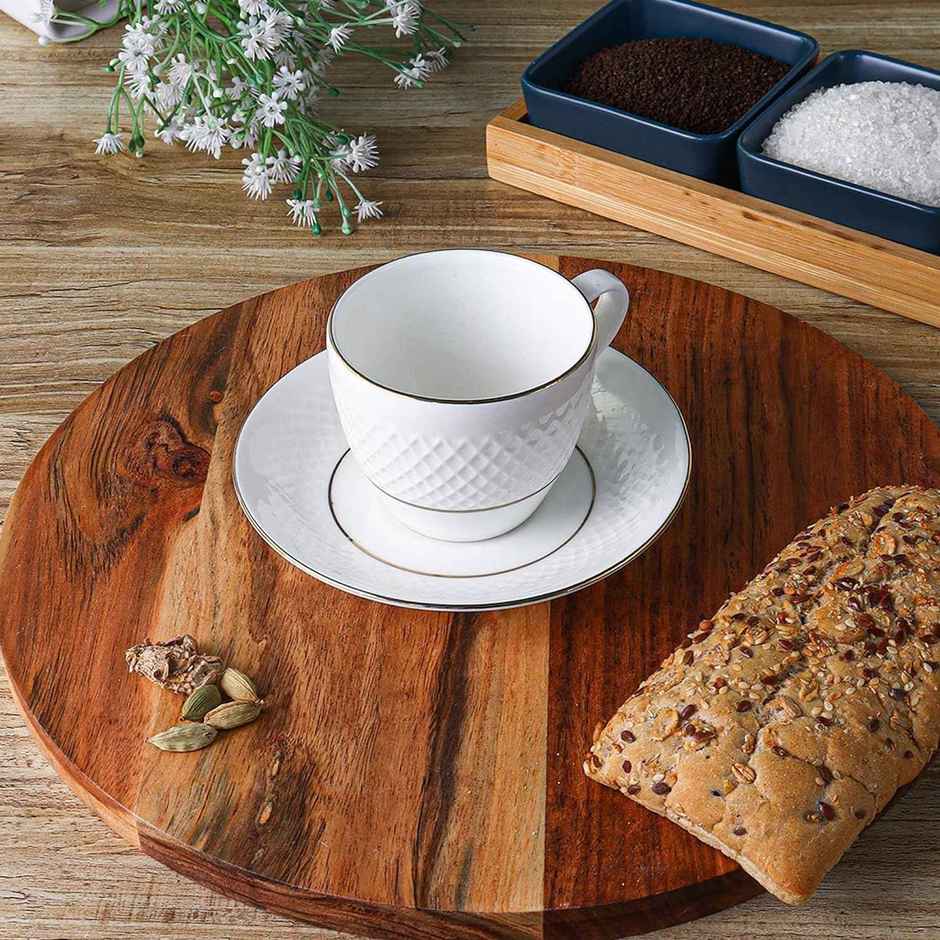 Femora Double Gold Line Diamond Cut White Ceramic Tea Cup Set With Saucer 200 ml, 2 Cups, 2 Saucers
