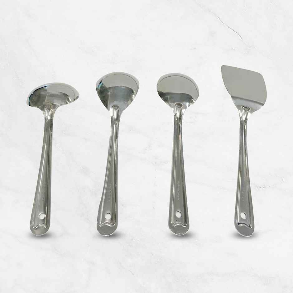 Happy Kitchen Stainless Steel 4 Piece Set - Ladle, Spatula and Large Serving Spoon | 25cm