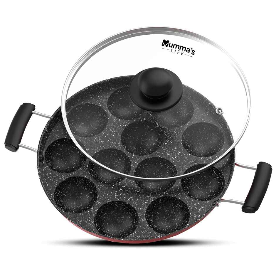 Mumma s Life Non-Stick 12 Cavity Grill Appam Patra 2 Side Handle with Glass Lid | 22 cm
