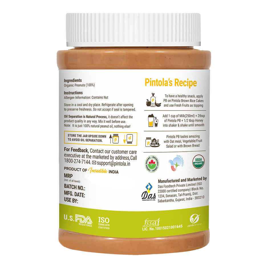 Pintola Organic Unsweetened Peanut Butter Crunchy - High Protein 30G & 9G Dietary Fiber