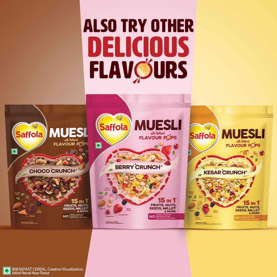Saffola Muesli 0% Added Sugar Berry Crunch with Flavour Pops, 25% Protein & 19% Fibre of RDA