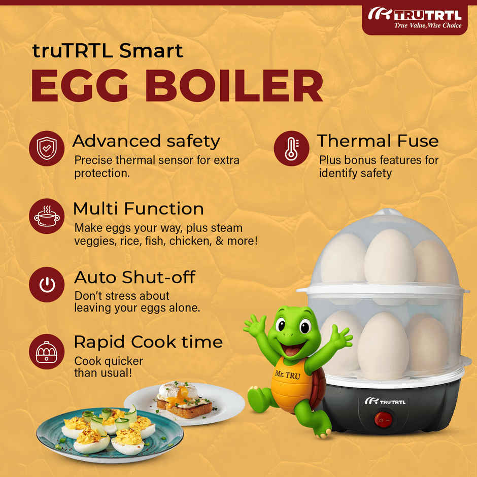 truTRTL Smart 4-in-1 Egg Boiler Machine 350 Watts | Boil upto 14 Eggs, Poach Eggs, Steam Vegetables Make Dhokla, Reheat (828 ml) - Black