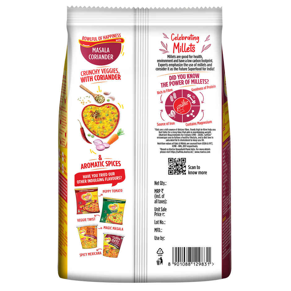 Saffola Masala Oats | Masala Coriander | Anytime Snack | Ready in 3 mins | Millets Goodness |500g