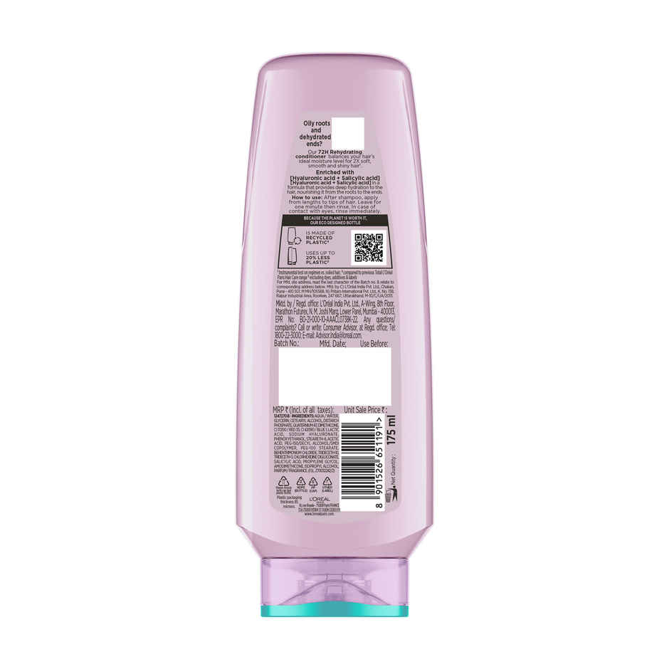 L'Oreal Paris Hyaluron Pure 72H Rehydrating Conditioner For Smooth Tangle - Free Hair