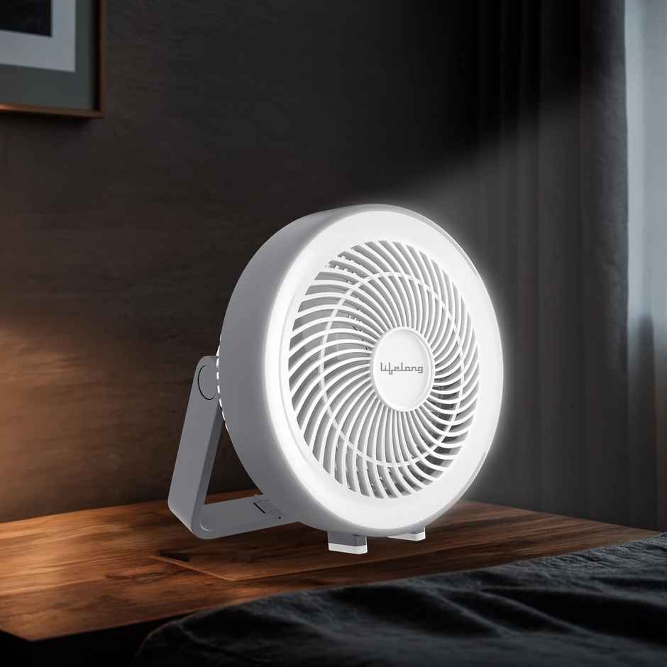 Lifelong USB Portable Fan, 150mm, 5-Hr Battery Backup, 3 Speed Settings, LED Lights, Grey & White