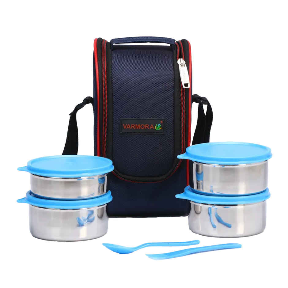 Varmora SS Mini Xclusive Lunch Box with Bag - Blue- 4 Storage Containers with Spoon and Fork