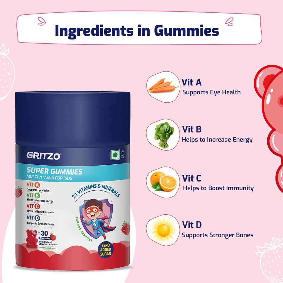 Gritzo Super Gummies, Multivitamin For Kids (Natural Strawberry Flavour, 30 Gummies)