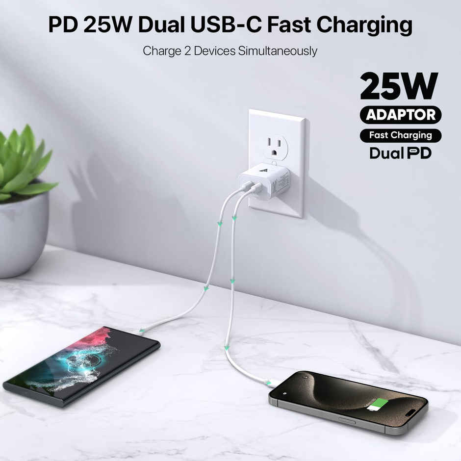 PD Dual Port Fast Charger Adapter | 25 W | Type-C | White