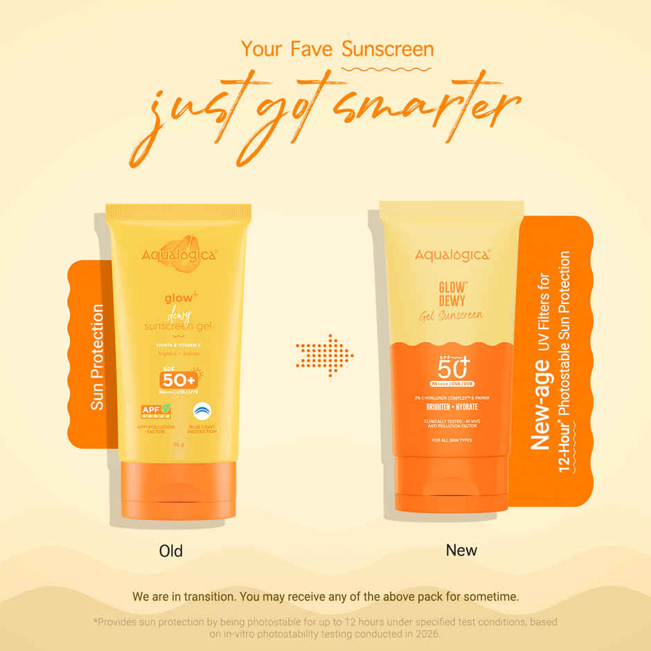 Aqualogica Glow+ Dewy Lightweigh Sunscreen Gel SPF 50+ PA++++ with Papaya & Vitamin C | Tested On GenZ
