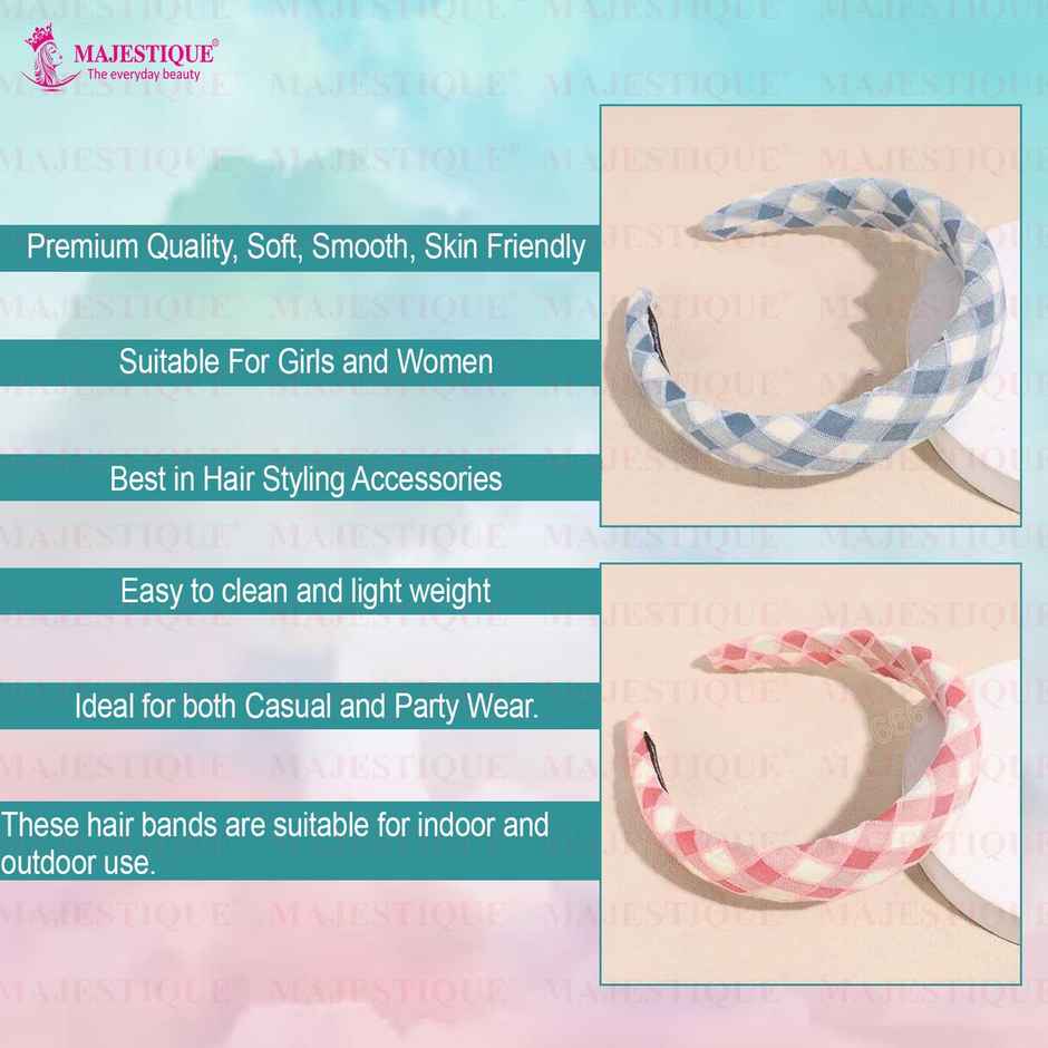 Majestique Padded & Wide Headbands | Puffy Sponge | Check Printed Vintage Hair Accessories