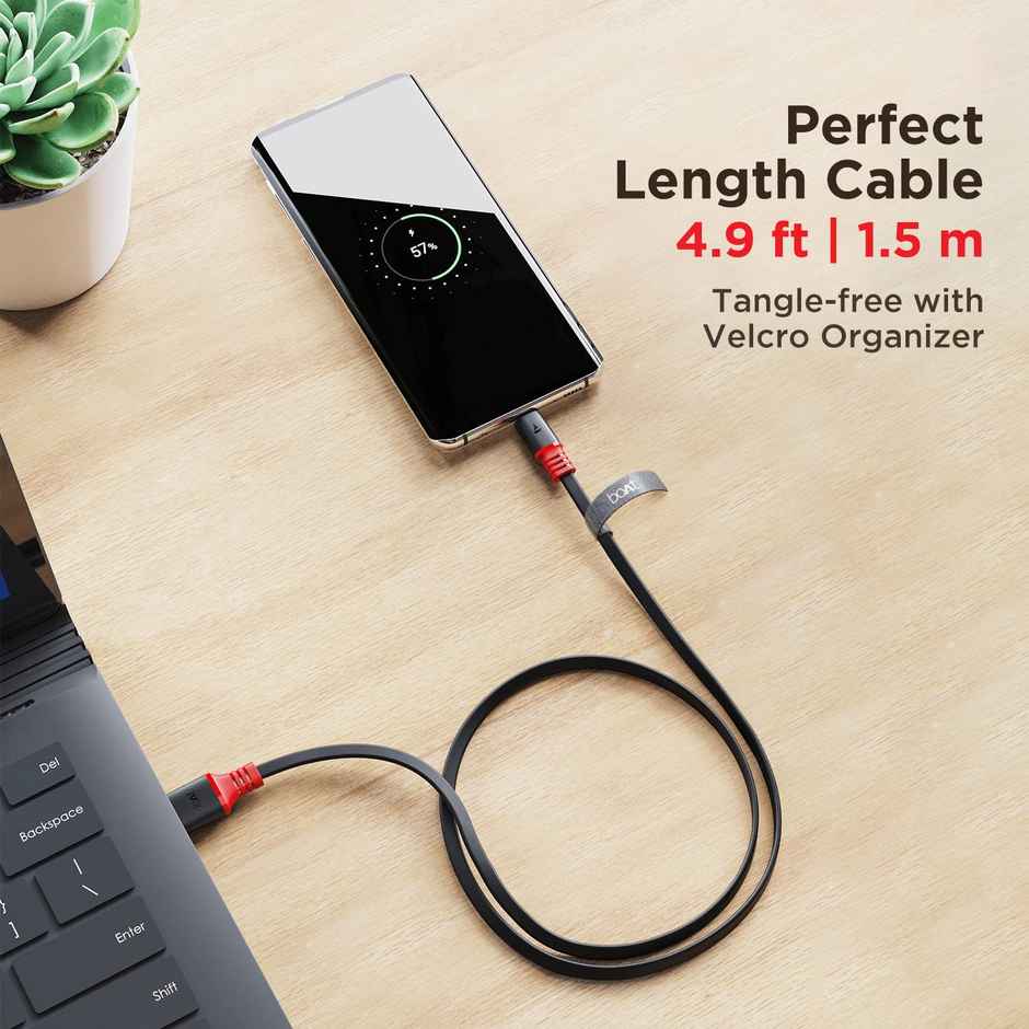 boAt Type C A750 6.5A Flat Super Fast Charging Cable w/Stress Resistance, Upto 65W/6.5Amp & Compatible w/Xiaomi, Oneplus, Samsung, Vivo, Oppo,480 Mbps Data Transmission Speed,1.5M - Rebellious Black