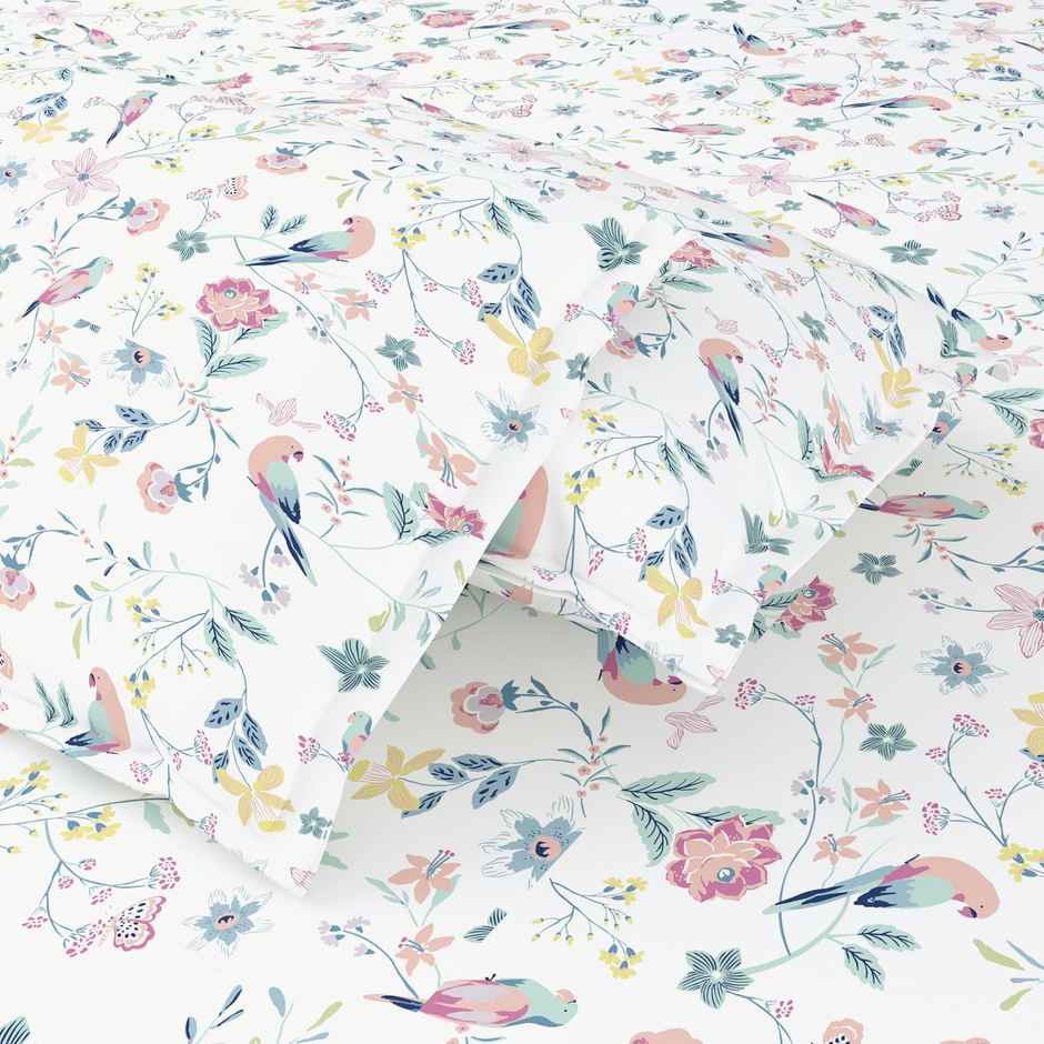 Haus & Kinder Exotic Wings King 100% Cotton Floral Bedsheet | White & Pink | 108 x 108 in