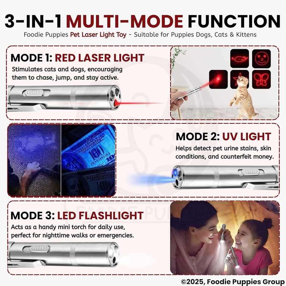 Foodie Puppies 3 in 1 USB Cat Teasing Laser Pointer Silver