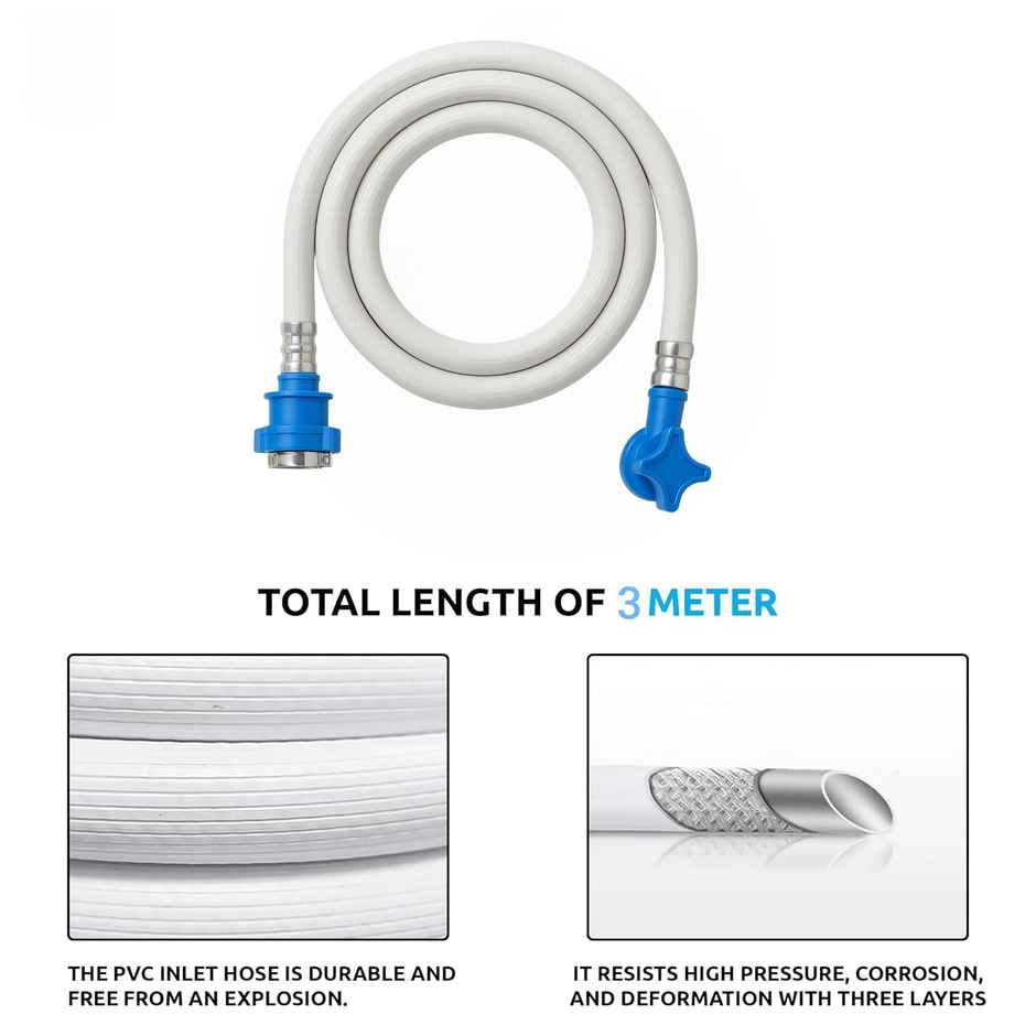 Daluci Washing Machine Inlet Hose Pipe, Hot & Cold Water, Anti-Kink, Universal Tap Connector - 3m