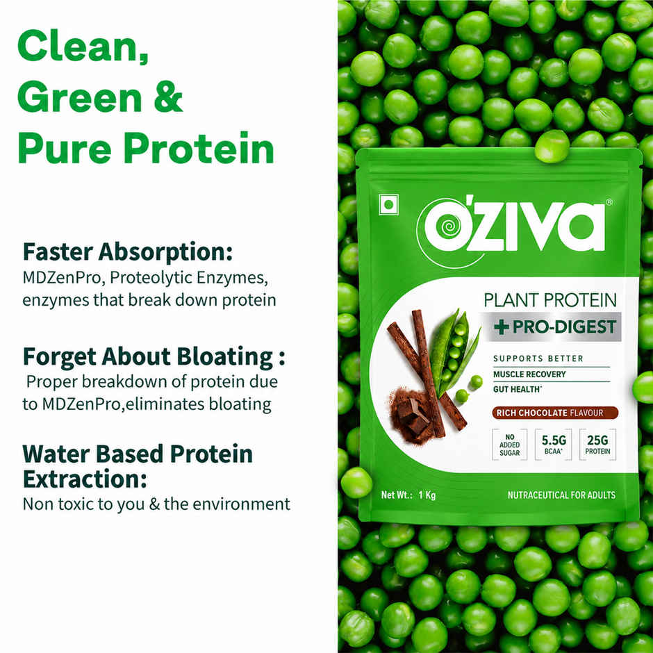Oziva Bioactive Plant Protein Powder , 25g Protein | 5.5g Bcaa | Eaa | Sugar Free - Choclate , 1 Kg