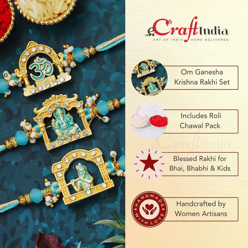 Religious Om Ganesha Krishna Designer Rakhis with Roli Chawal | Pack of 3 | Ganesh | Ecraftindia