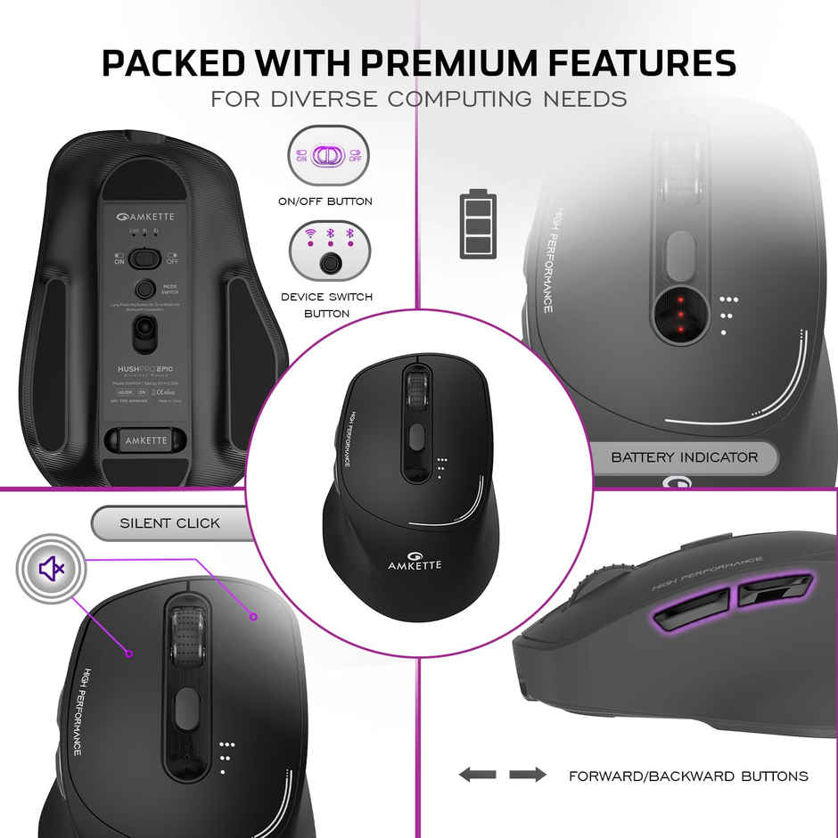 Amkette Hush Pro Epic Rechargeable Bluetooth Mouse - Black