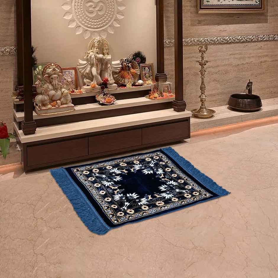 Kuber Industries Velvet Pooja Mat | 52 x 52 cm | Floral Print | Navy & Sea Blue