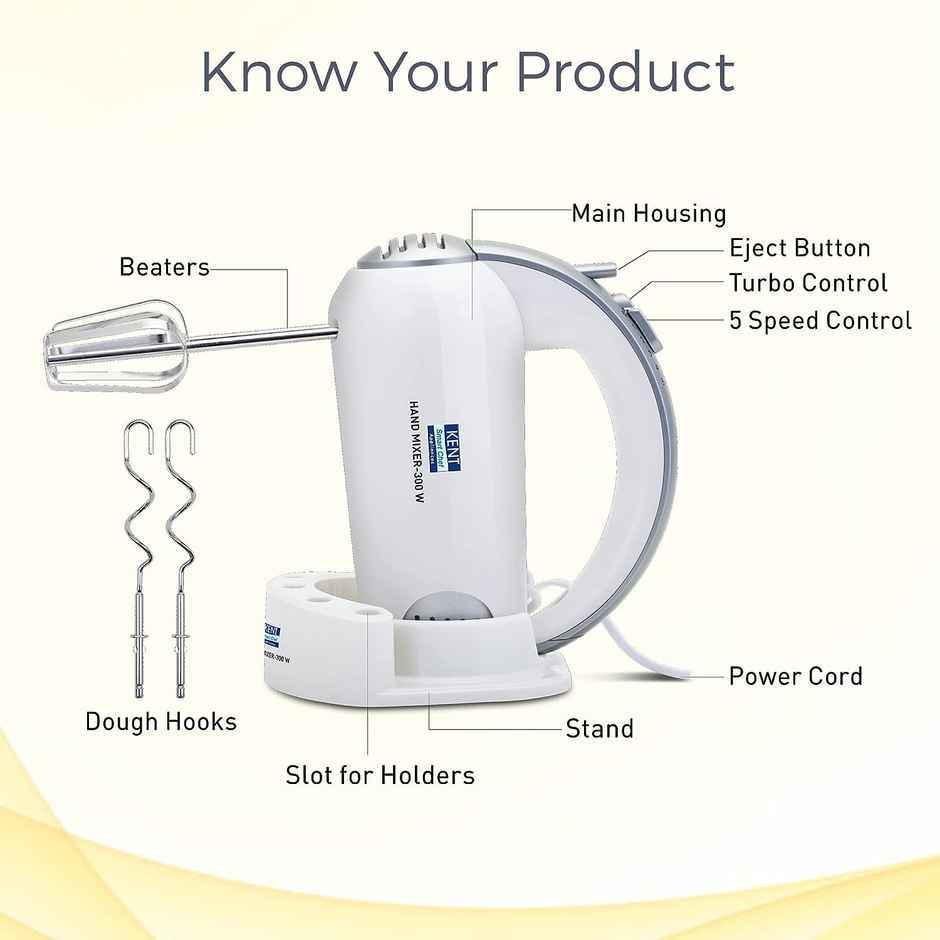 Kent 16051 Hand Blender 300 Watt, 5 Variable Speed Control, Multiple Beaters & Dough Hooks, Turbo Function, Plastic - White