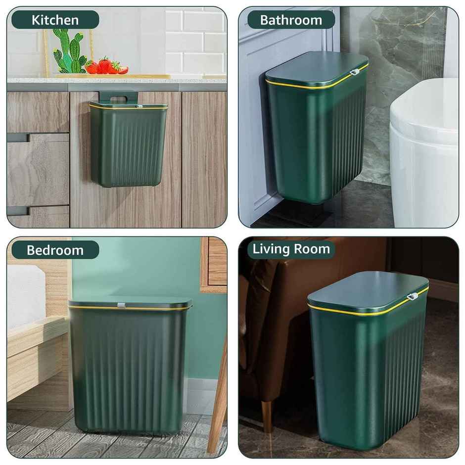 House of Quirk Plastic Hanging Trash Can with Lid Double Sided Open Design Cabinet Door | Green