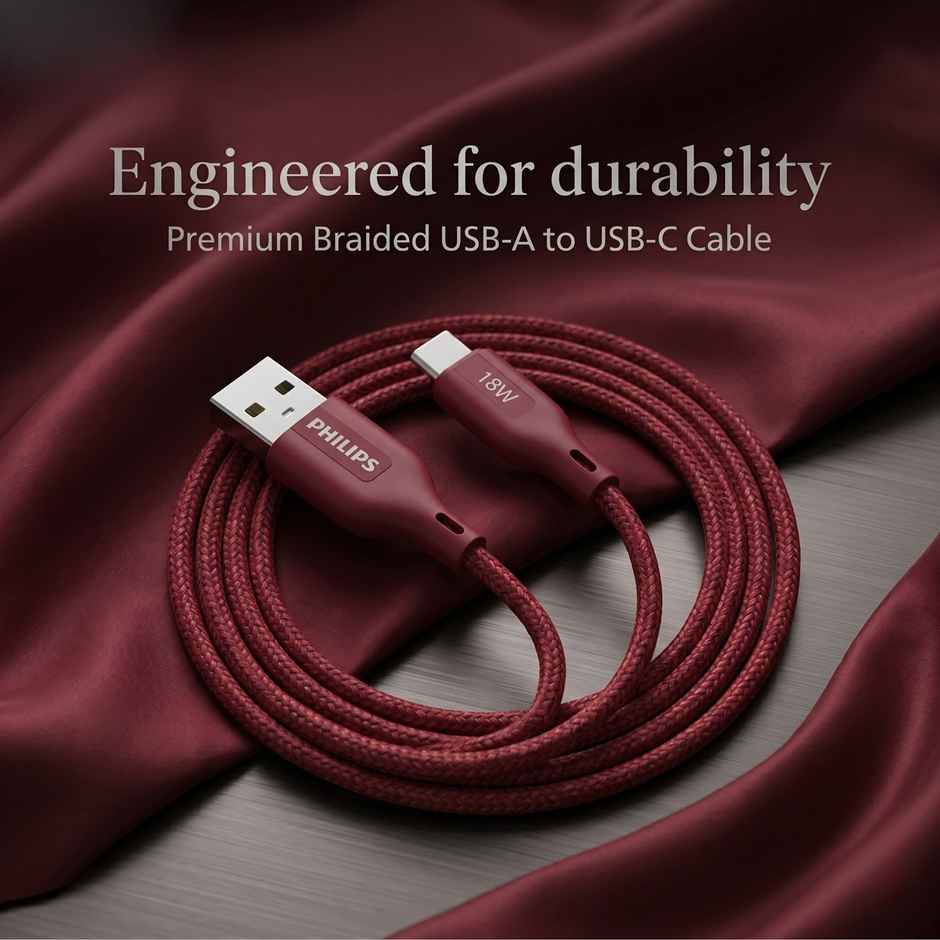 Philips 18W USB A to Type C Fast Charging Cable | DLC4130AI94 | Iron Red | 1 m
