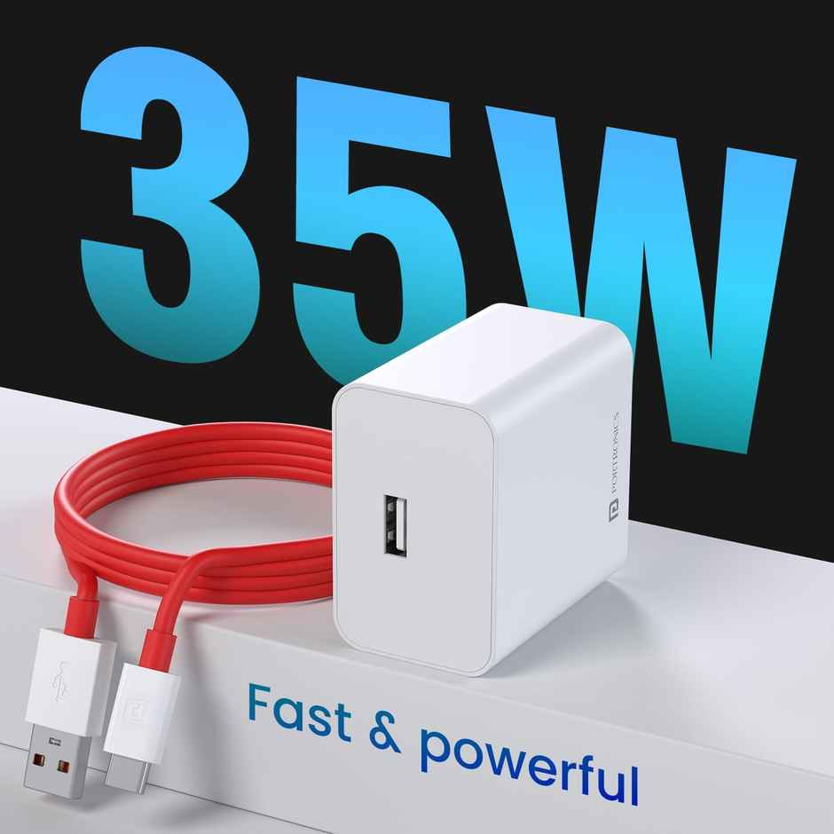 Portronics 35W Adaptor 35A USB-A, TypeC Charging Cable, Support VOOC Charging/WARP/Dash/Quick, White