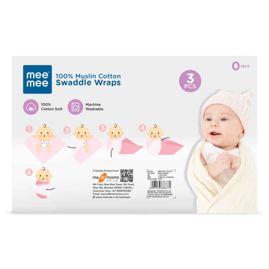 Mee Mee Muslin Cotton Baby Swaddle Wrappers | Assorted Multicolour 