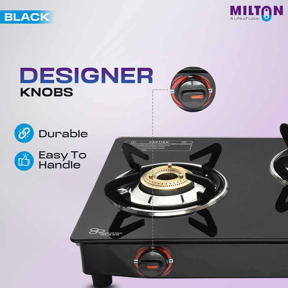 Milton Premium 3 Burner Black Manual Ignition Glass Top Gas Stove | ISI Certified