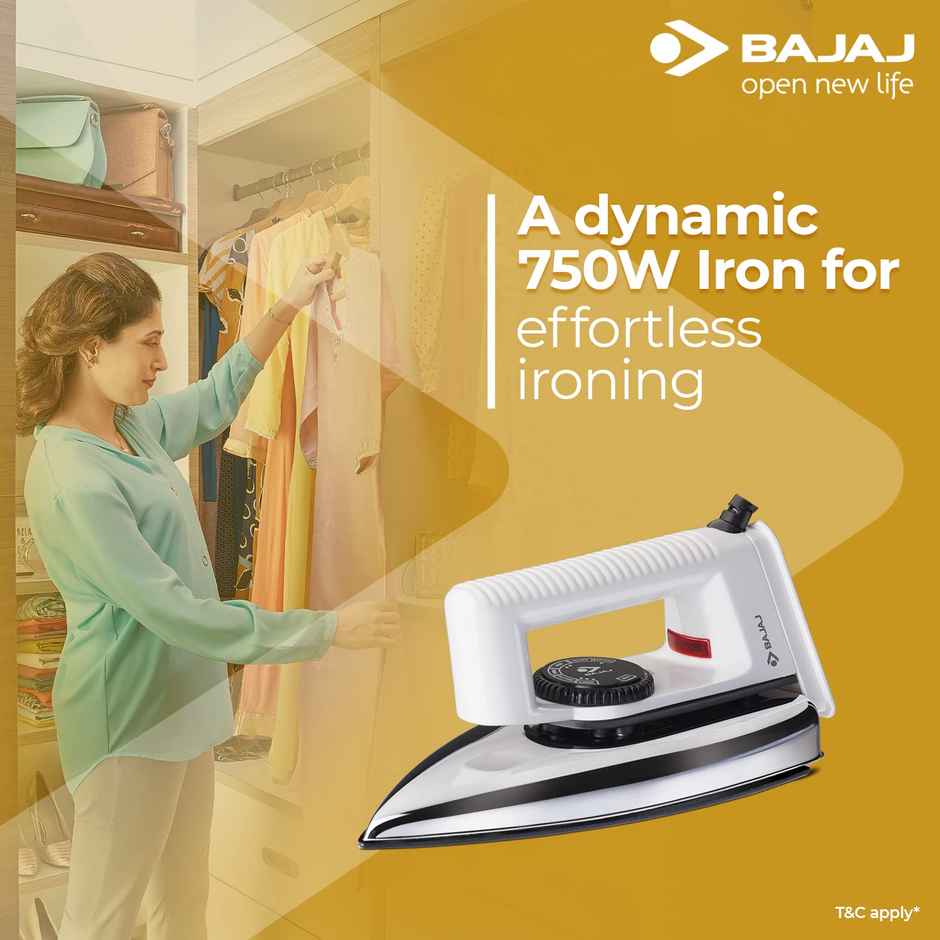 Bajaj Popular Light Weight 1000W Dry Iron | Advance Soleplate And Anti-Bacterial German Coating Technology | 360 Degree Swivel Cord | Cool Touch Handle - White