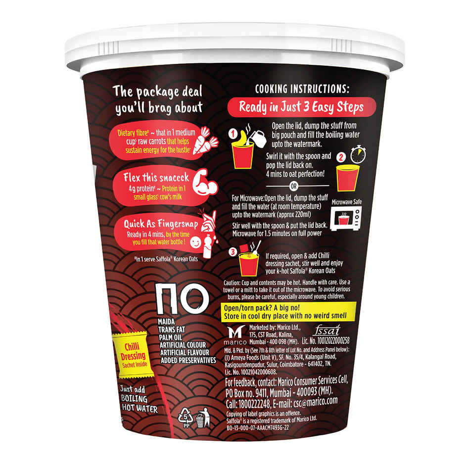 Saffola Foods Korean Cuppa Oats | Fiery Hot with Chilli Dressing Sachet | Ready in 4 mins