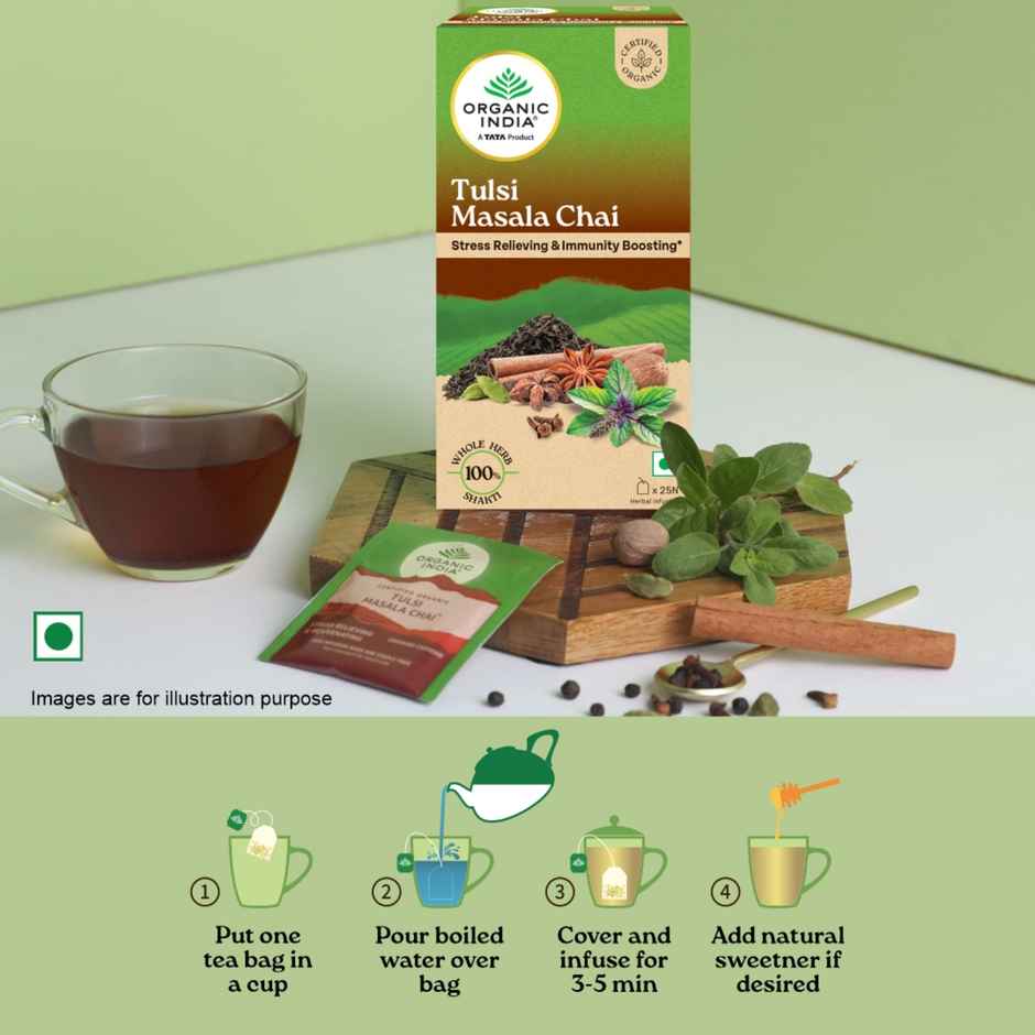 A TATA Product - Organic India Tulsi Masala Chai, 25 Tea Bags, Unbleached Filter Paper Tea Bags