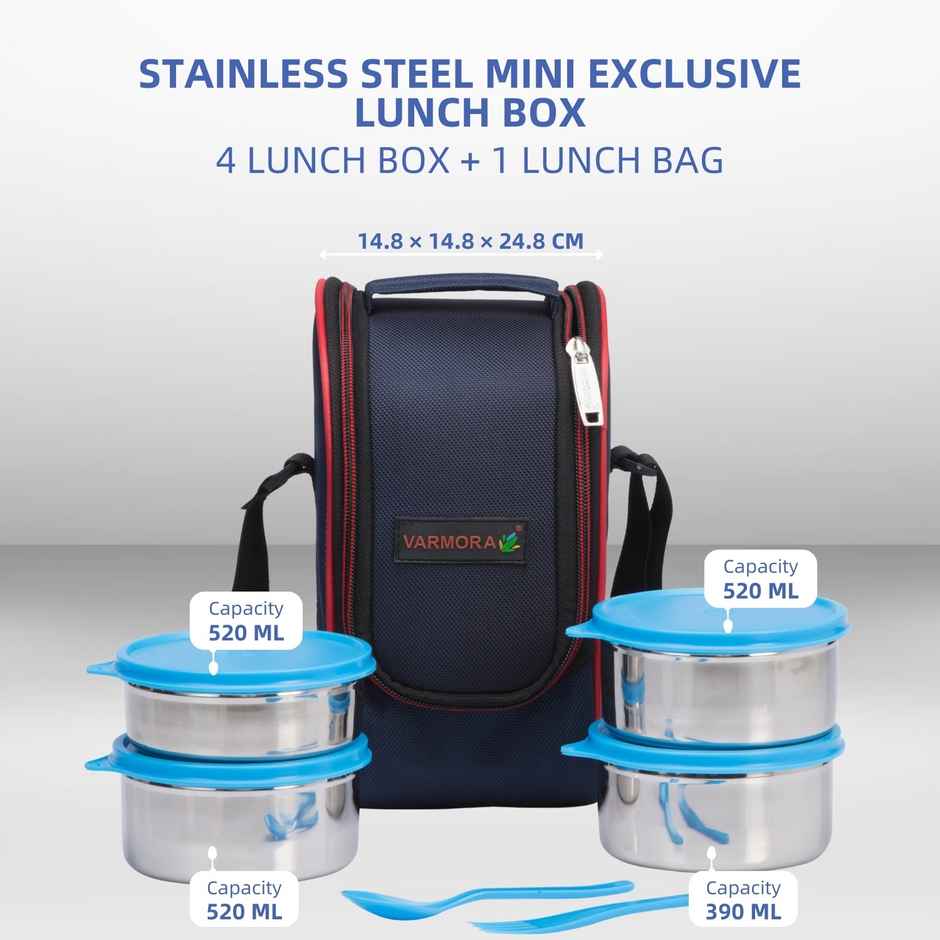 Varmora SS Mini Xclusive Lunch Box with Bag - Blue- 4 Storage Containers with Spoon and Fork
