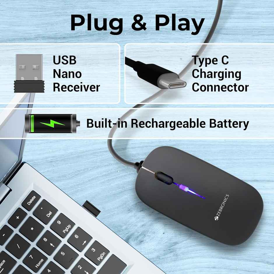 Zebronics Blanc Slim Wireless Mouse with Rechargeable Battery, BT + 2.4GHz, 4 Buttons, 800/1200/1600 DPI, Silent Operation, Multicolor LED Lights - Black
