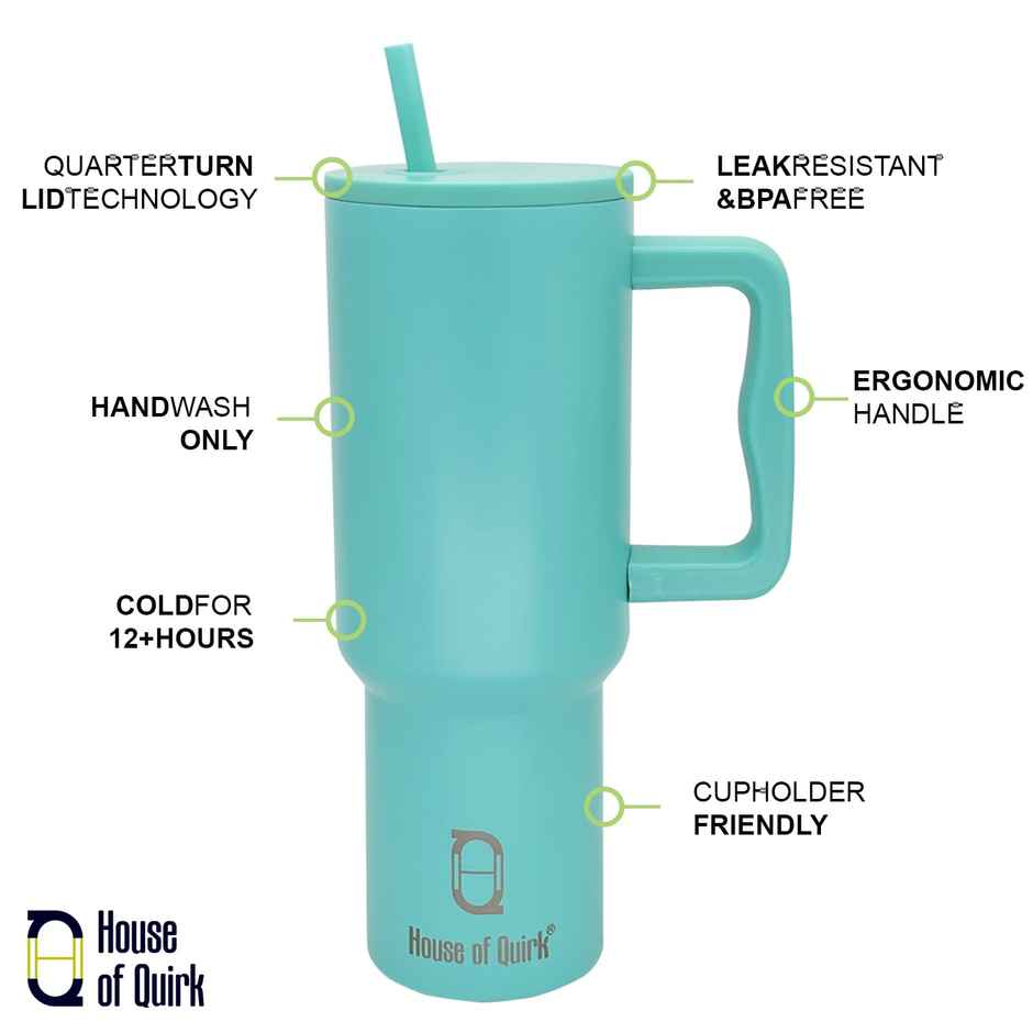 House of Quirk Stainless Steel Tumbler with Handle & Lid, 2 Straws | Terquise - 1200 ml