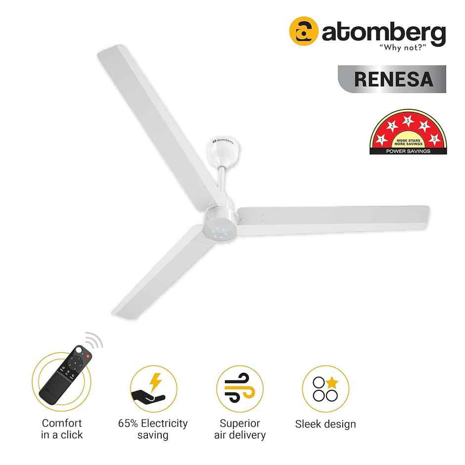 Atomberg Renesa BLDC Ceiling Fan,1400mm,Remote Control,BEE 5 Star Rated,LED Indicators,Gloss White