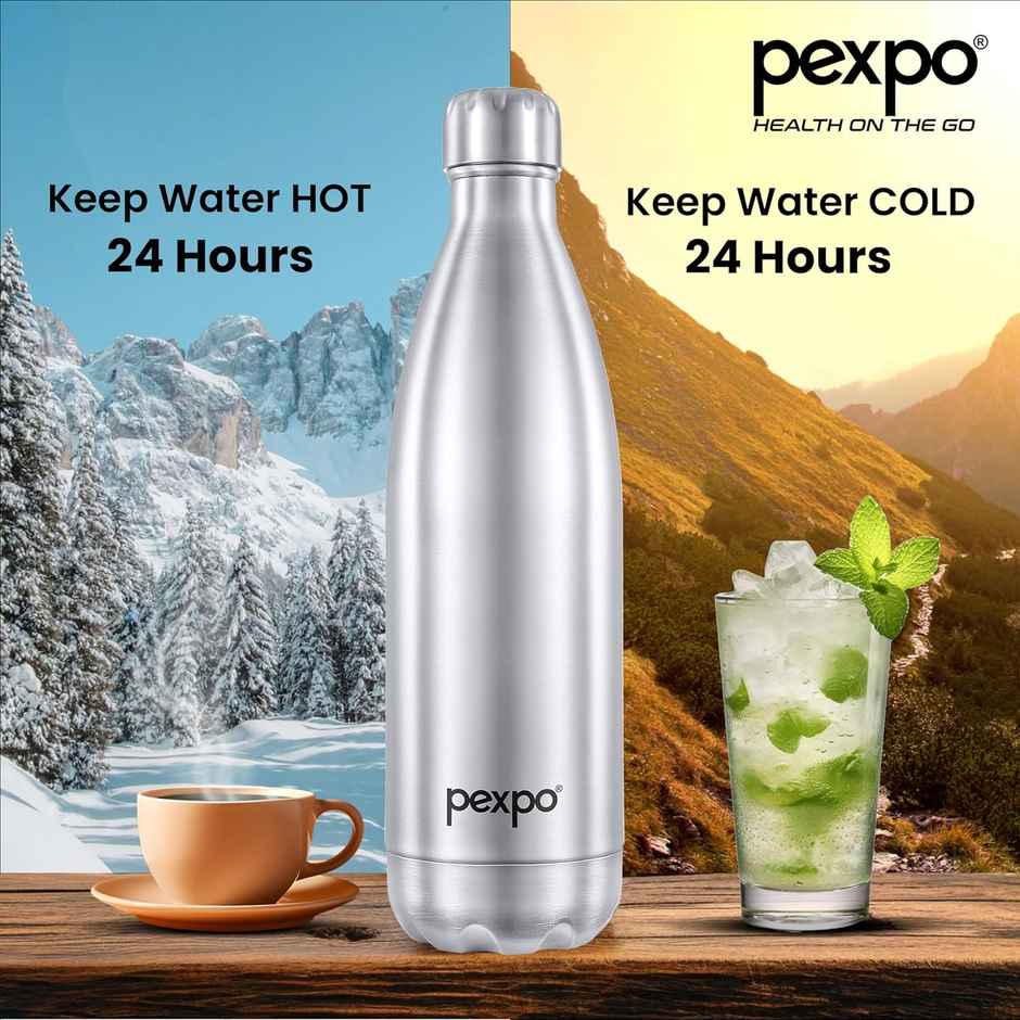 Pexpo Stainless Steel Electro 24 Hrs Hot & Cold ISI Certified Flask Water Bottle | Silver | 1 L