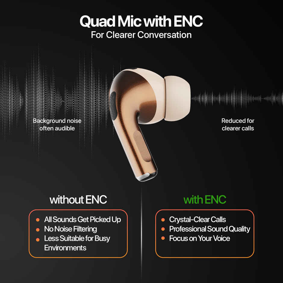 Fire-Boltt Fire Pods Aero Ultra TWS Earbud with Custom EQ Profile, Quad Mic ENC & 50H Playtime, Ultra Low 50ms Game Mode, Gold Metal