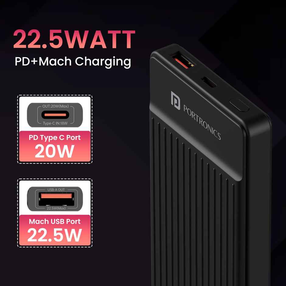 Portronics Luxcell B 10K 10000 mAh 22.5W Fast charging Power Bank, Ultra Slim Power Bank (Black)