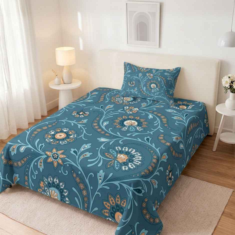 Status Crown Superfine Microfiber Single Bedsheet | Blue Paisley | 150 x 220 cm