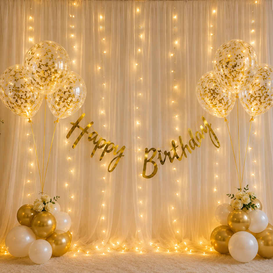 Birthday Decoration Items Kit | Banner, Ribbon, Confetti Balloons & LED Light | Party Propz
