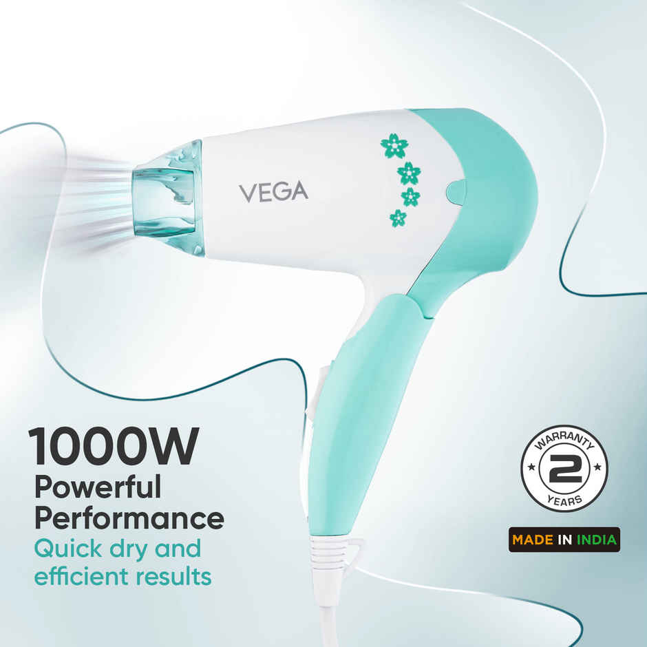 Vega Insta Glam Foldable 1000W Hair Dryer with 2 Heat/Speed Settings, VHDH-20N, (Made in India)