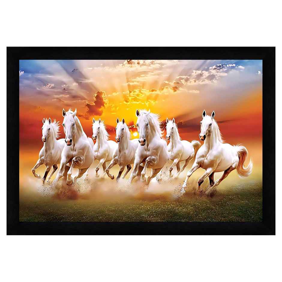 Indianara Vastu Runing Seven Horses Painting With Frame 13 in X 10 inch | 10268SBK