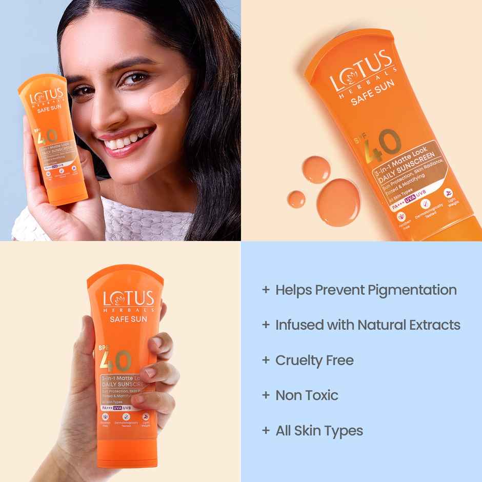 Lotus Herbals Safe Sun 3 In 1 Tinted Daily Sunscreen Matte Look SPF 40 PA+++ For All Skin Types