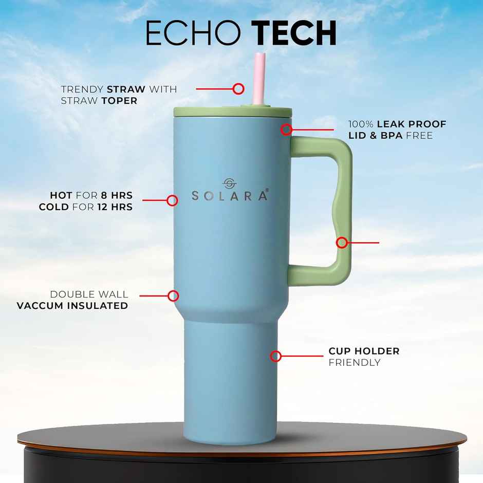 Solara Echo Insulated Tumbler Bottle with Lid and 2 Straws | Blue Hawaii - 1.2 L