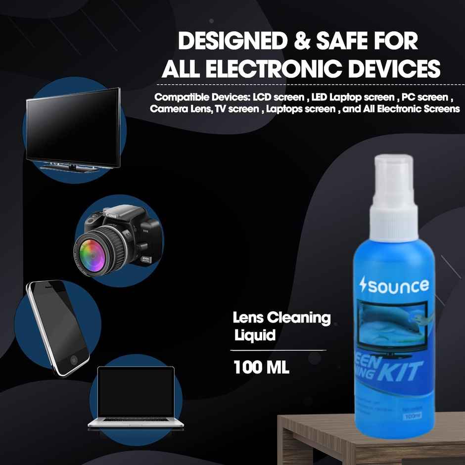 Sounce 3 in 1 Cleaning Set for Screen PC, Laptops, Monitors, Mobiles, LCD, LED, TV/Professional Quality/Prevents Static Electricity, 100ml with Micro Fiber Cloth and Soft Brush