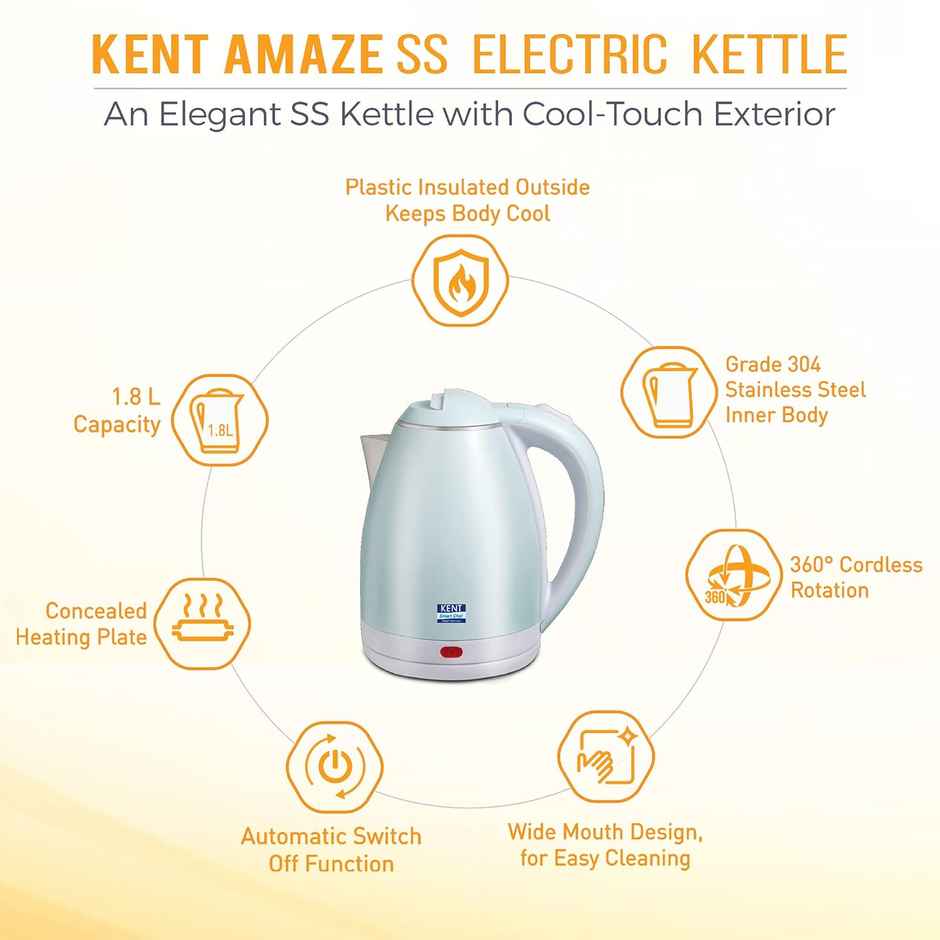 Kent Amaze Cool Touch Electric Kettle 1.8L 1500W - Plastic Outer & Stainless Steel Body Inside
