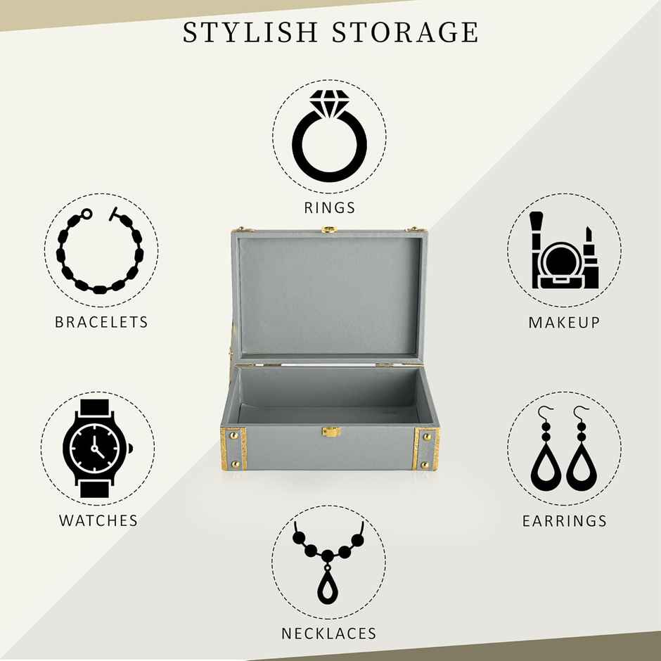 Kuber Industries Synthetic Leather Trunk Box | Jewellery Organisers Storage Box with Lock | Grey