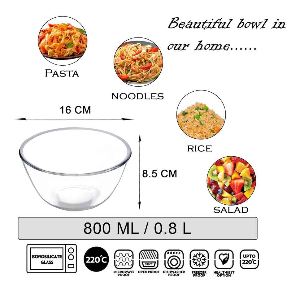 Cutting Edge 800 ml Borosilicate Glass Bowl | Mixing-Serving-Microwave Safe for Kitchen & Dining