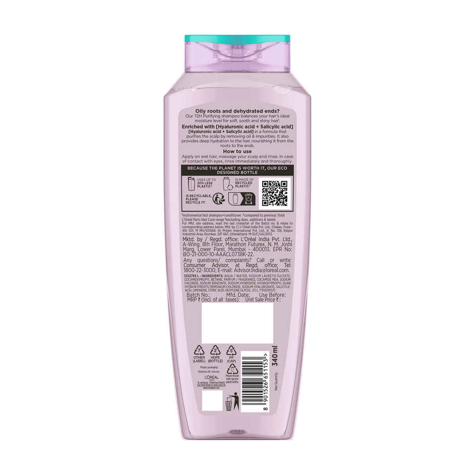 L'Oreal Paris Hyaluron Pure 72H Purifying Shampoo For Fresh Scalp & Hydrated Hair